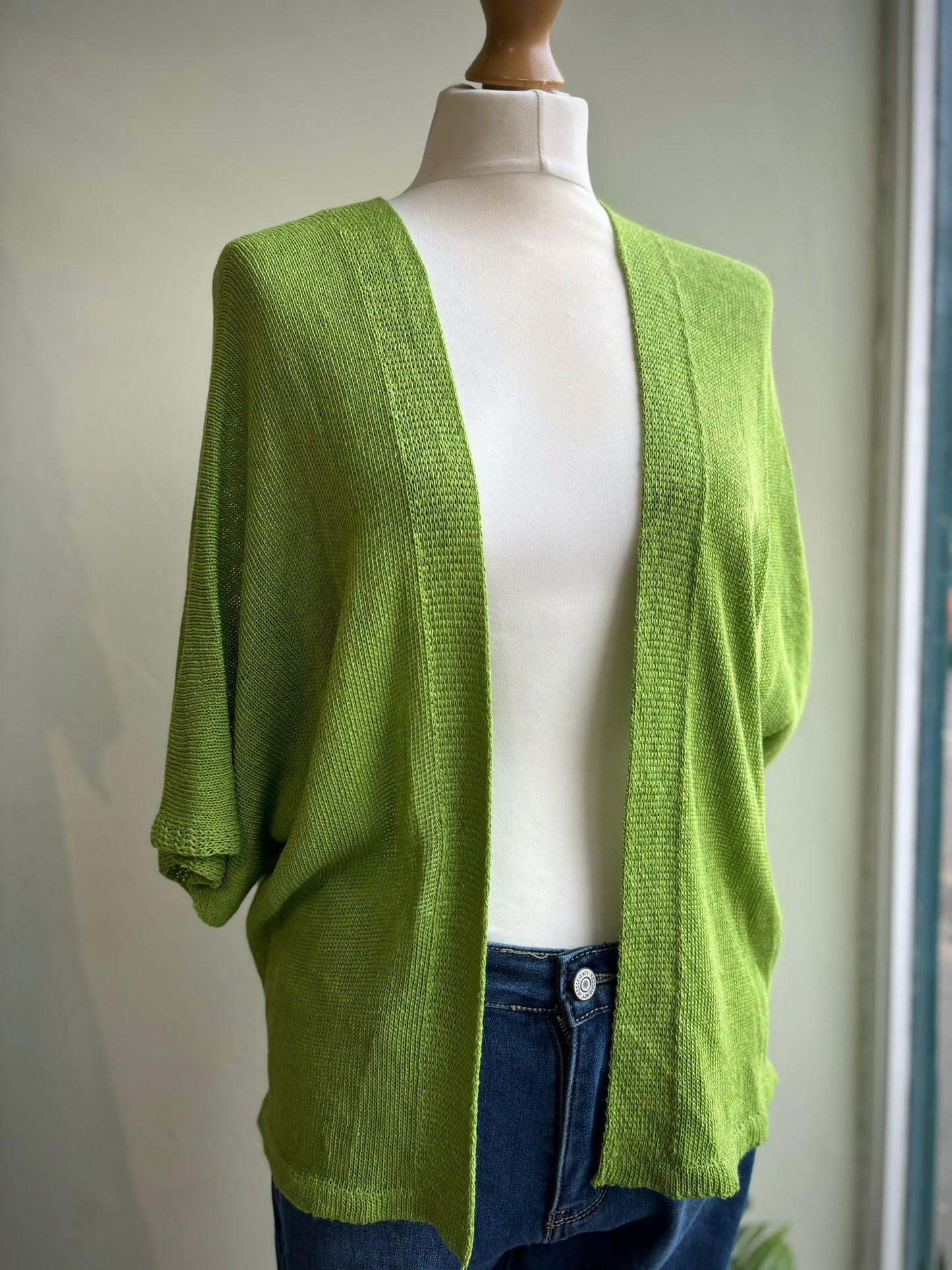 Lightweight Cotton Blend Kimono Sleeve Open Cardigan kiwi green 