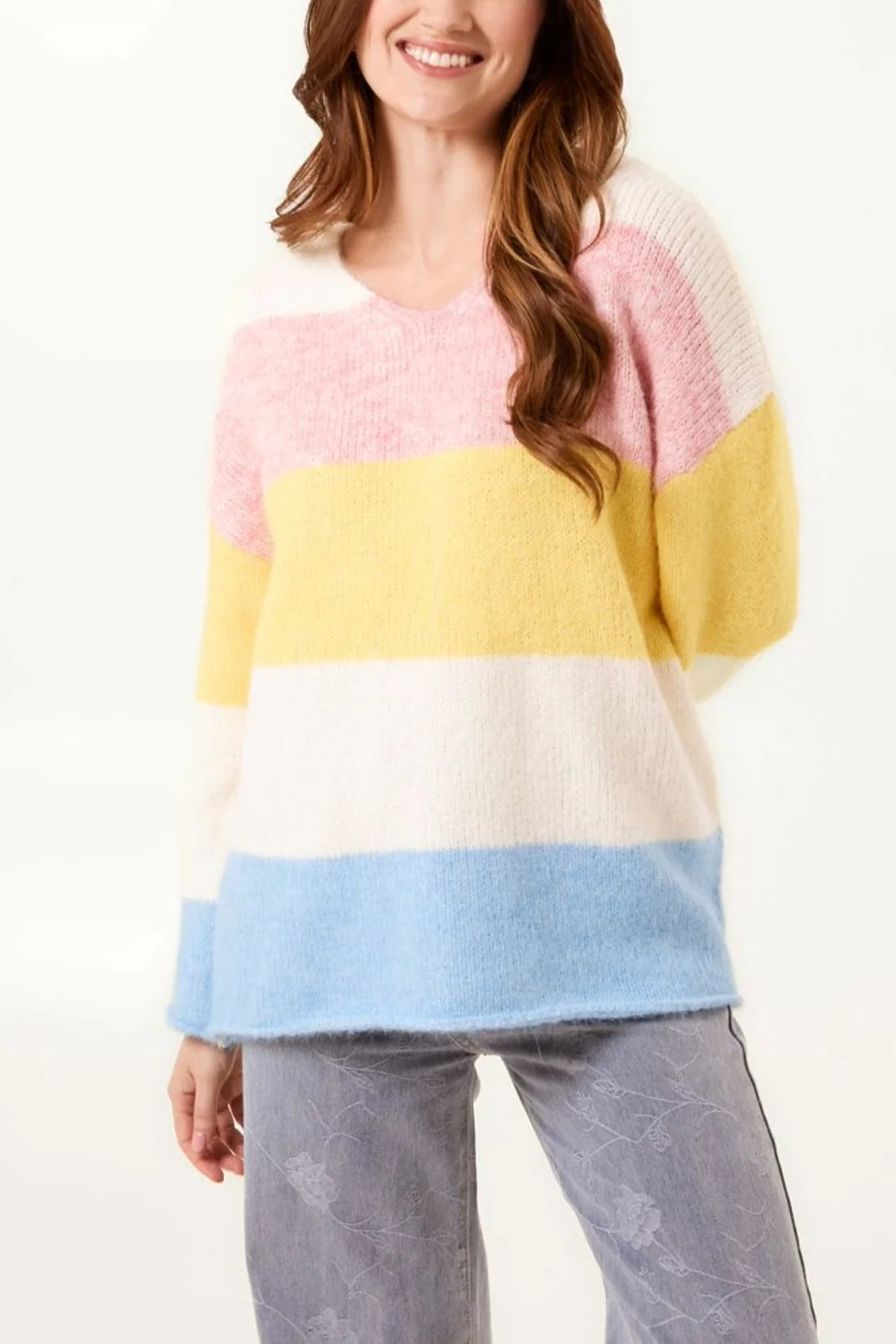 Pastel Multi Striped Soft Knit V Neck Jumper 