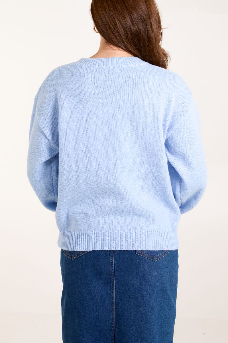 Pastel Blue Chunky Crochet Flower Appliqué  Crew Neck Jumper