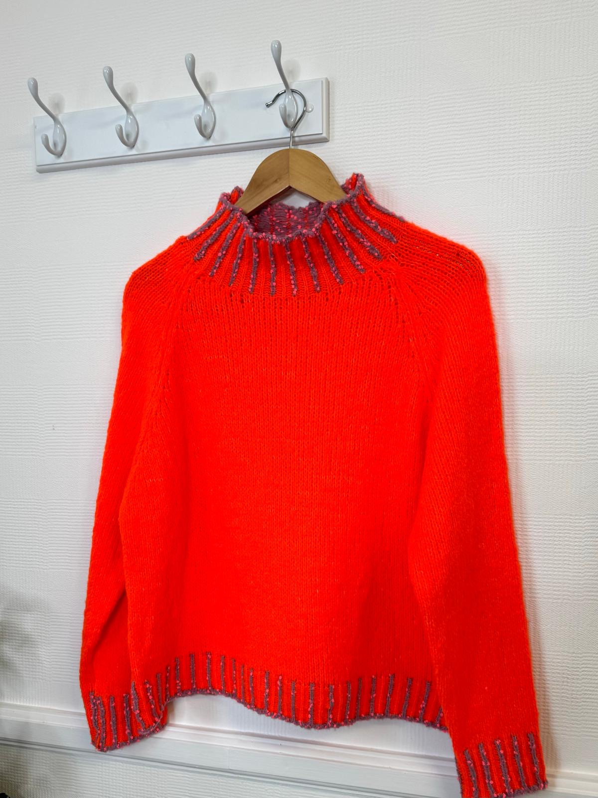 Birdie Blanket Stitch Trim Funnel Neck Jumper - Flame Orange