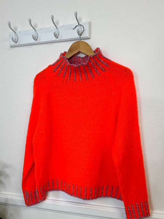 Birdie Blanket Stitch Trim Funnel Neck Jumper - Flame Orange