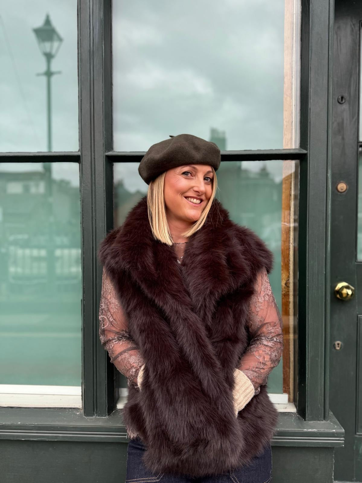 Short brown faux fur gilet