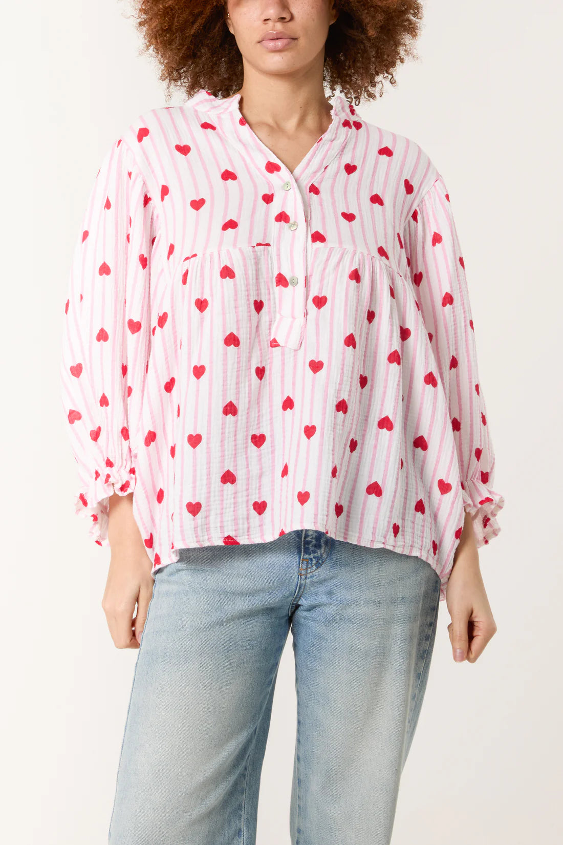 Tamarisk Curve Cotton Cheesecloth Blouse - Blue & White Or Pink & White With Hearts
