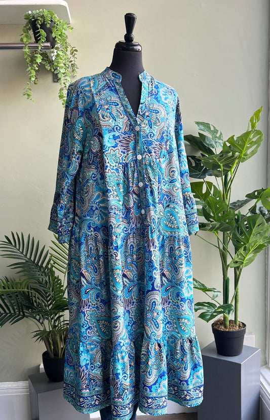 Sally Turquoise Paisley Print Loose Tiered Midi Dress