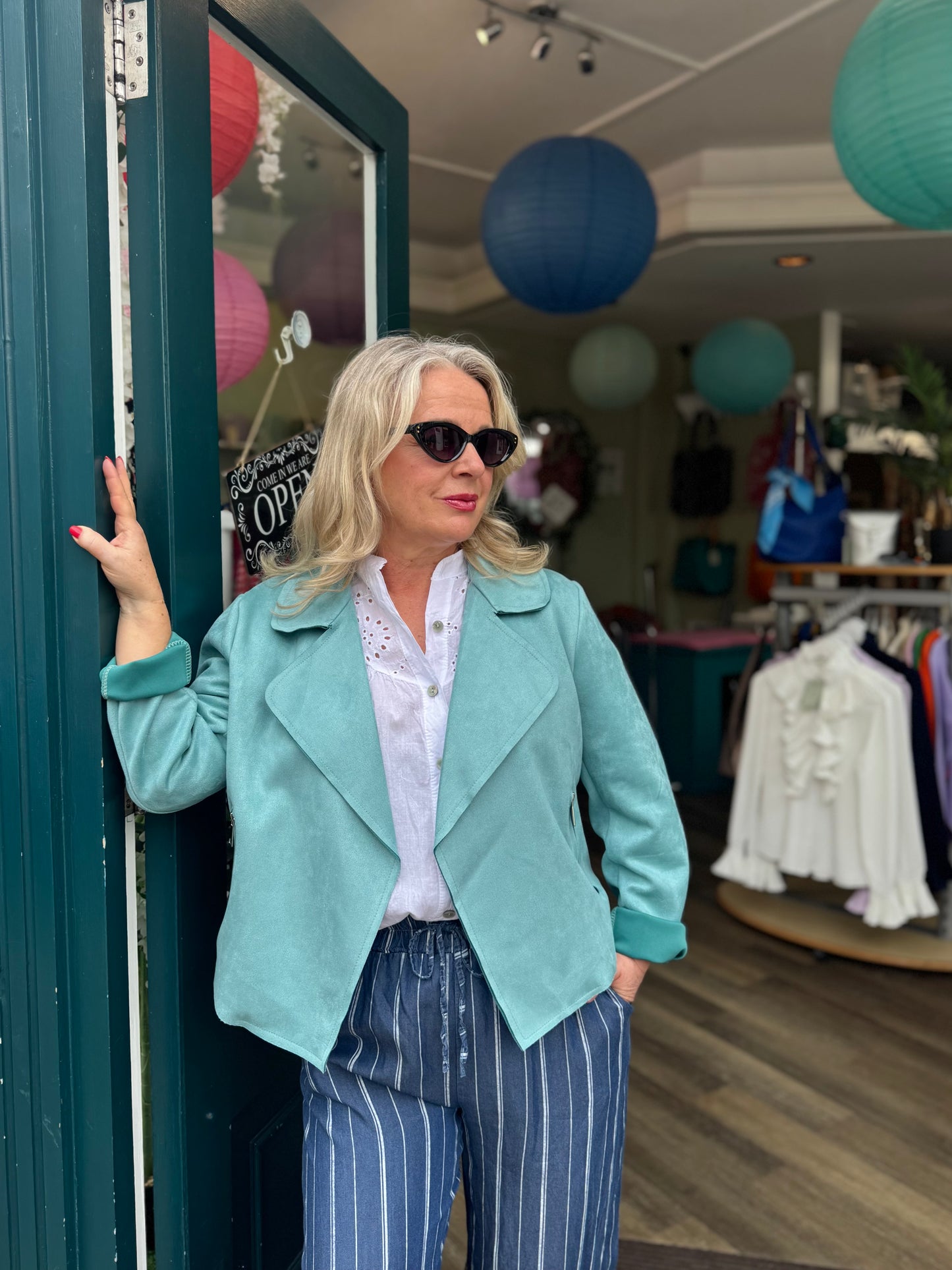 Nicole Sea Green Faux Suede Biker Jacket