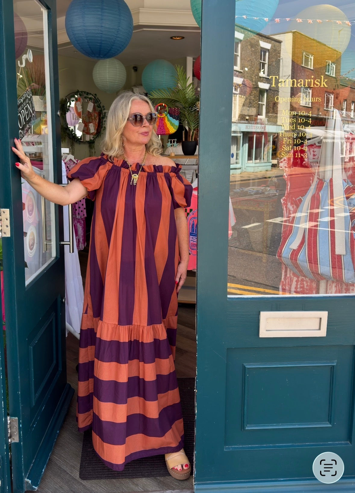 Saffron Oversized Striped Bardot Maxi Dress