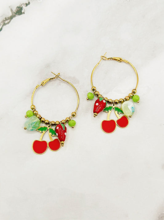 Cherry, Strawberry & Green Bead Charm Large Gold Hoop Earrings