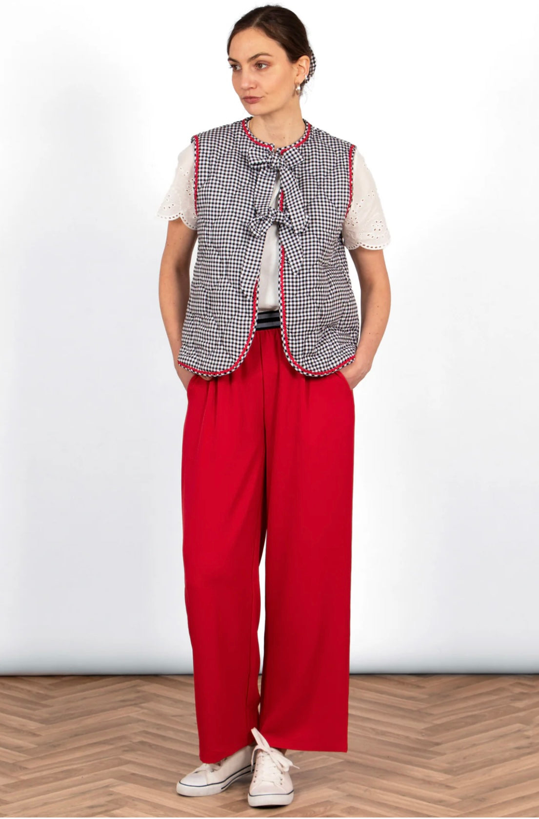 Millie Bow Fastening Quilted Waistcoat Gilet - Black & White Gingham With Red Ric Rac Trim