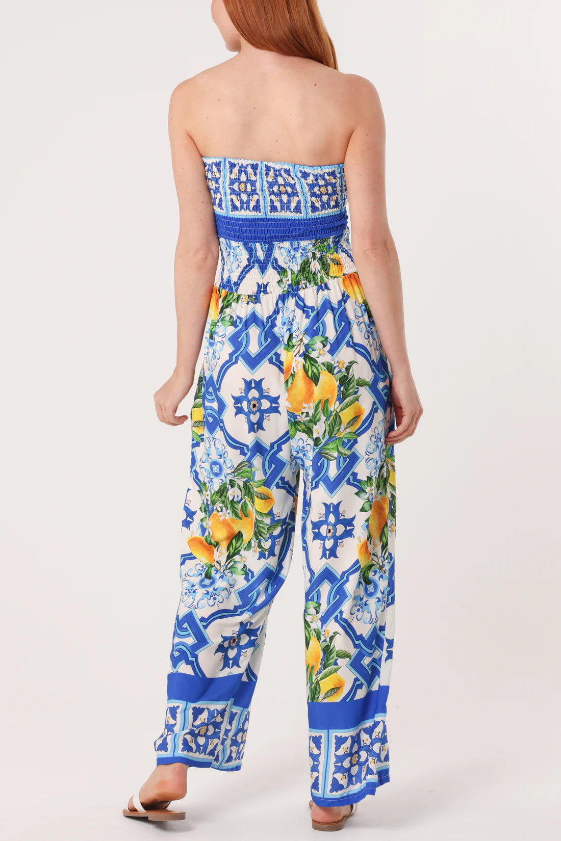 Limoncello Lemon Print Shirred Bandeau Jumpsuit - Navy, Lapis Blue, Black Or Green