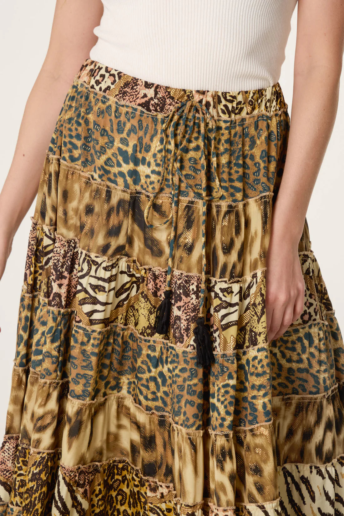 Ginny Boho Leopard Print Tiered Silky Maxi Skirt