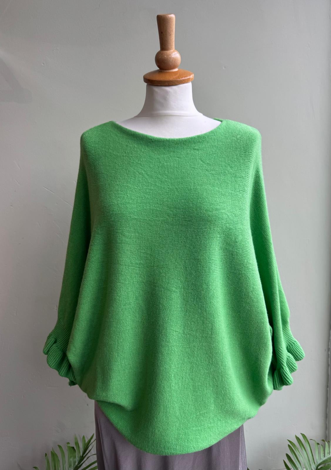 green Frill Cuff Batwing Sleeve Jumper