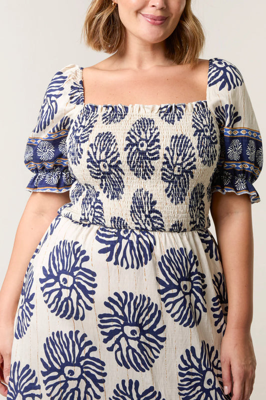 Tamarisk Curve Shirred Bodice Tile Print Maxi Dress - Square Neckline
