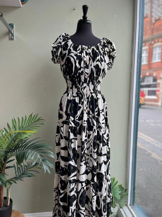 Louise Bardot Neckline Short Sleeve Shirred Waist Maxi Dress - Black & White Floral