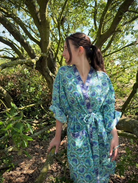Tamarisk Bazaar Luxury Hand-Block Printed Indian Cotton Dressing Gown Robe - Blue & Green