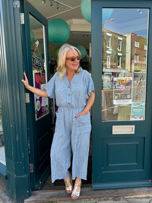 Jemima Cotton Seersucker Striped Crop Jumpsuit