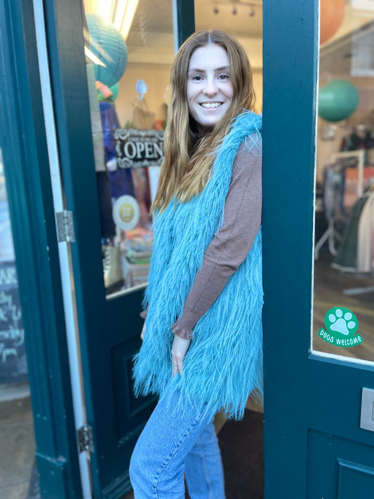 Shake A Tail Feather Duck Egg Blue Shaggy Faux Fur Gilet