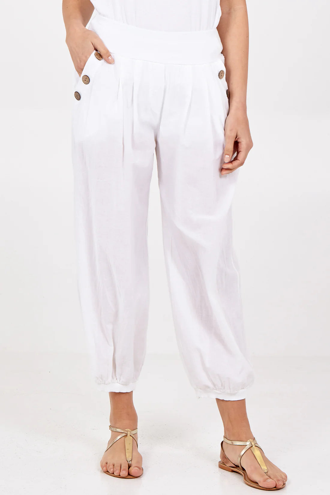 Ava Wooden Button Trim Fine Cotton Harem Trousers With Pockets
