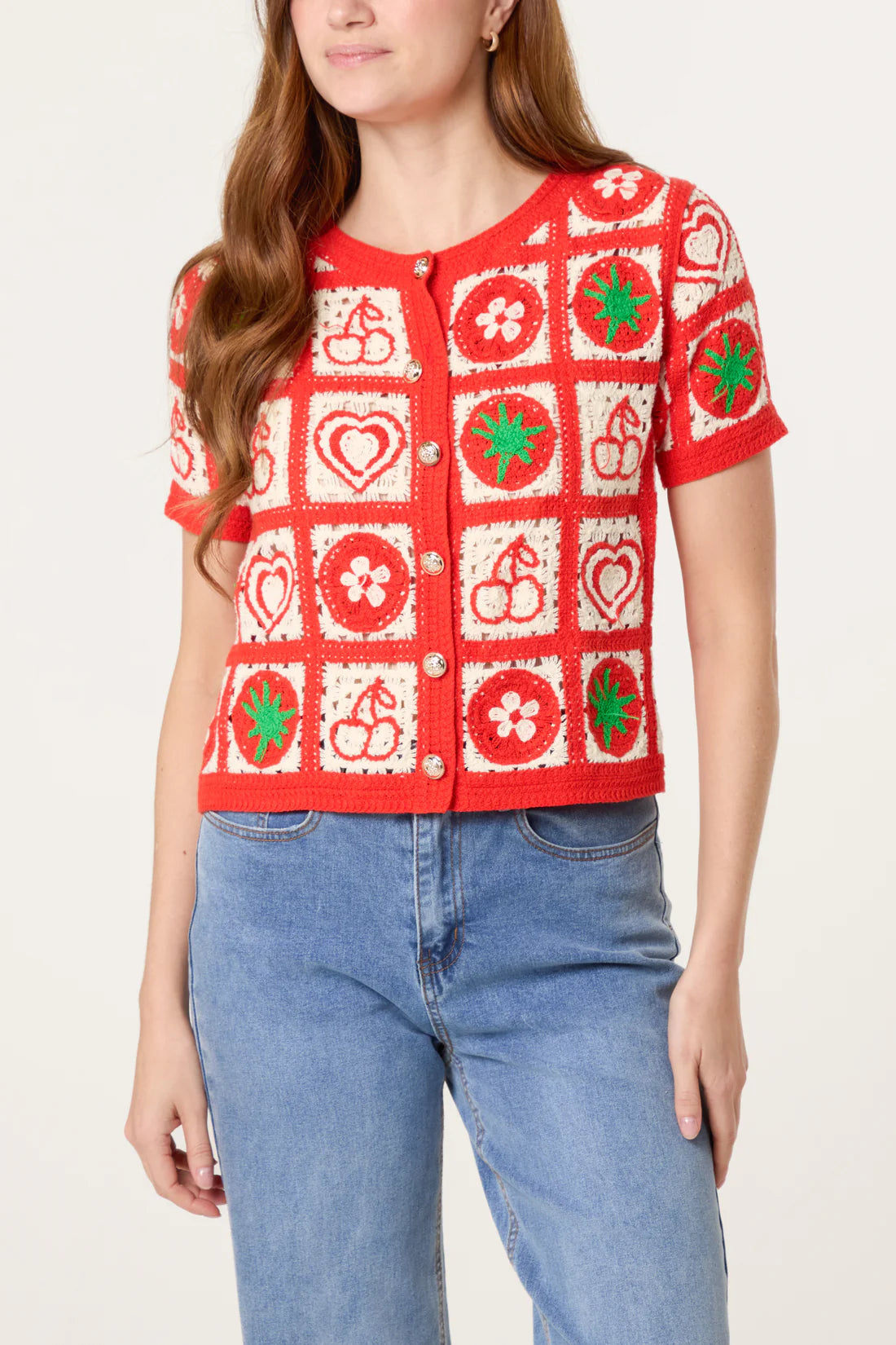 Hattie Tomato & Fruit Crochet Cotton Cardigan