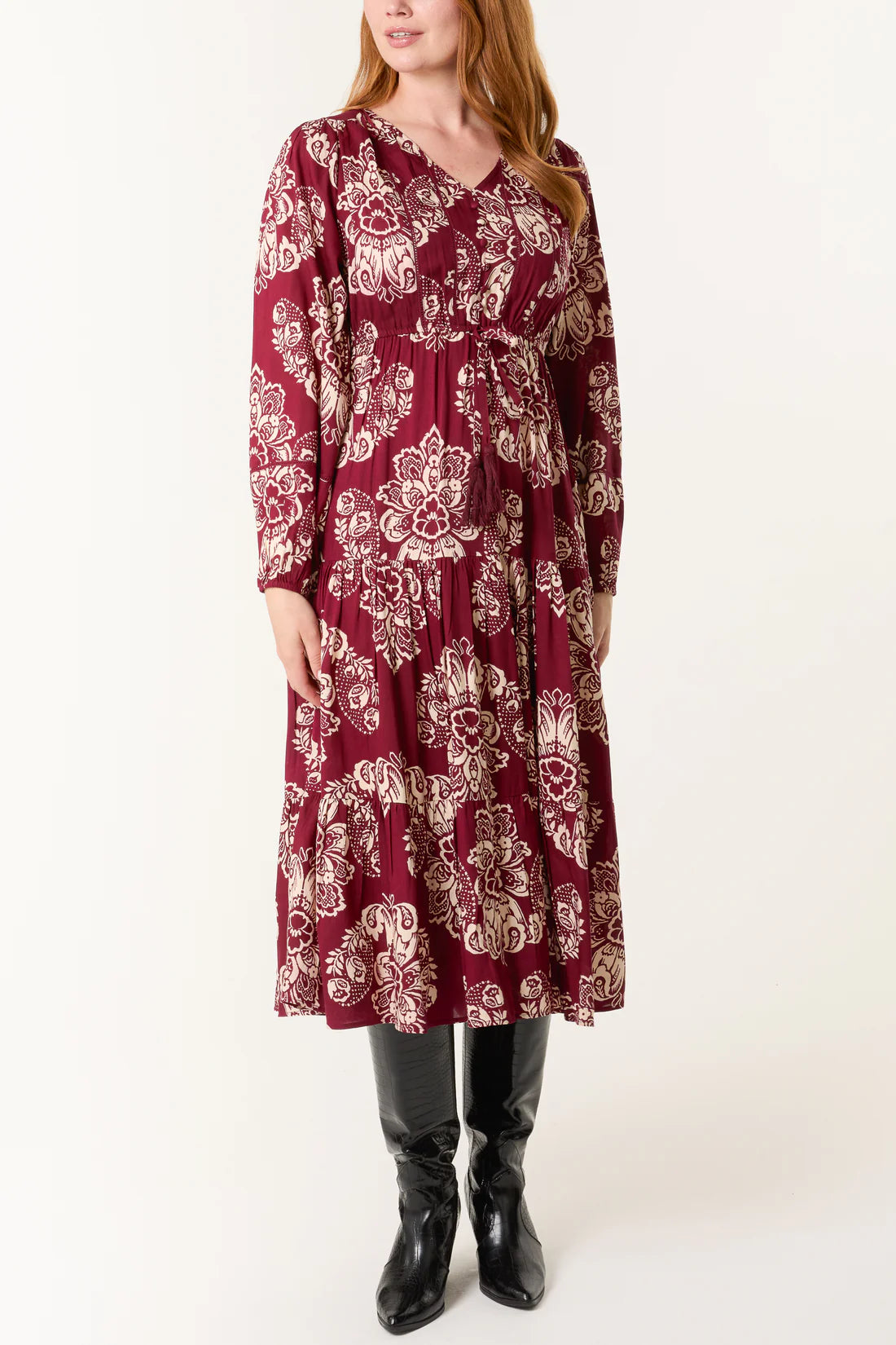 Chloe Empire Line Long Sleeve Midi Dress - Black Or Burgundy Floral Print