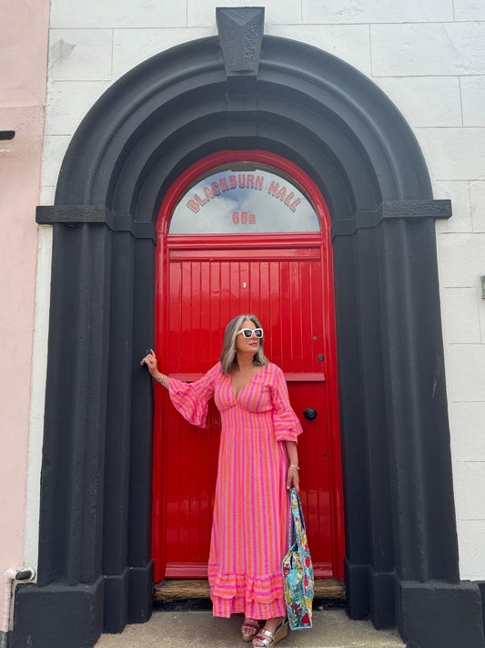 Tia Neon Pink & Orange Striped Shirred Waist Maxi Dress