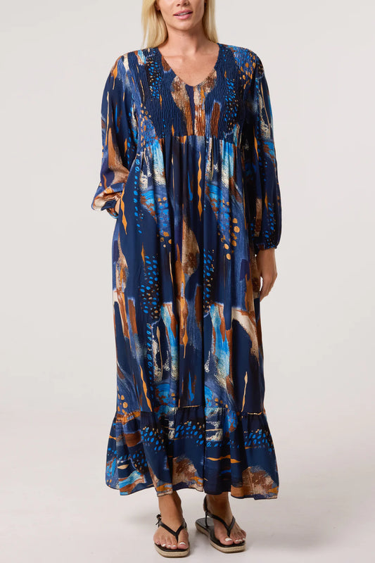 Elizabeth Ruched Bodice Midaxi Dress With Long Sleeves - Blues Or Burgundy Wine