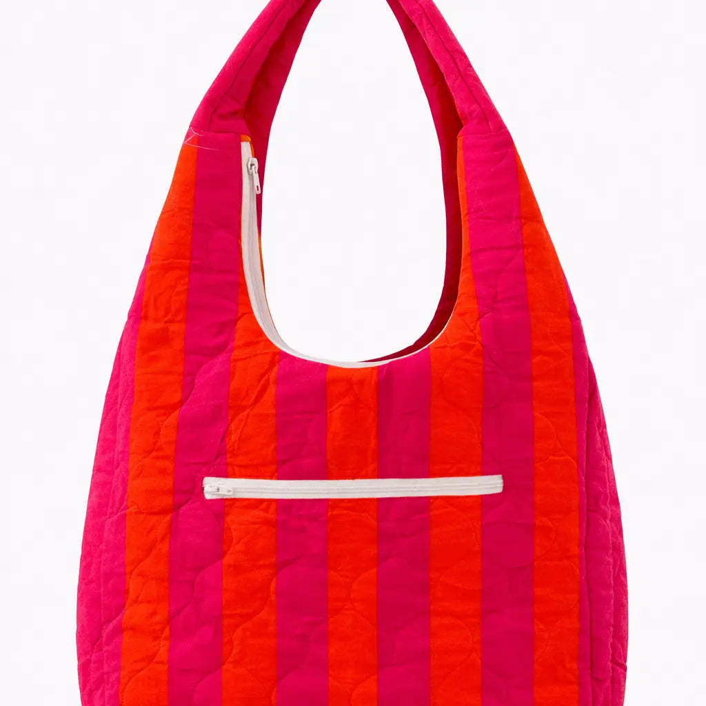 Hobo Shape Cotton Quilted Kantha Bag - Orange & Pink Stripe
