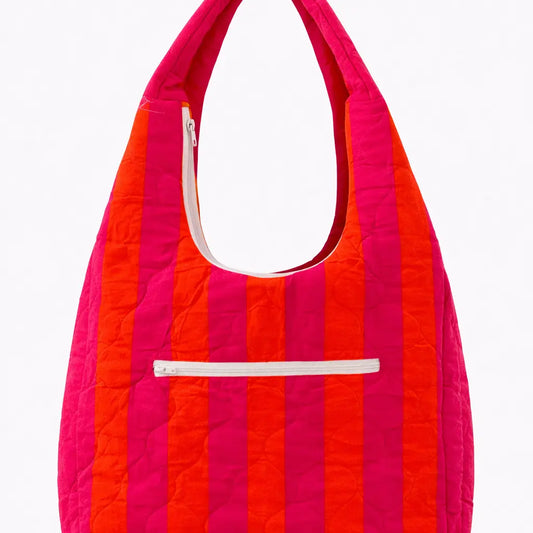 Hobo Shape Cotton Quilted Kantha Bag - Orange & Pink Stripe