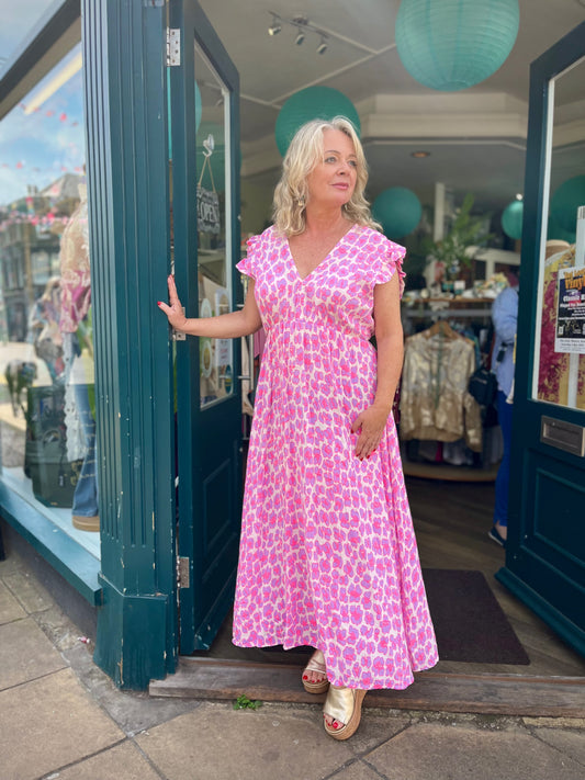 Anna Frill Sleeve Leopard Print Cheesecloth Maxi Dress - Pink Or Orange