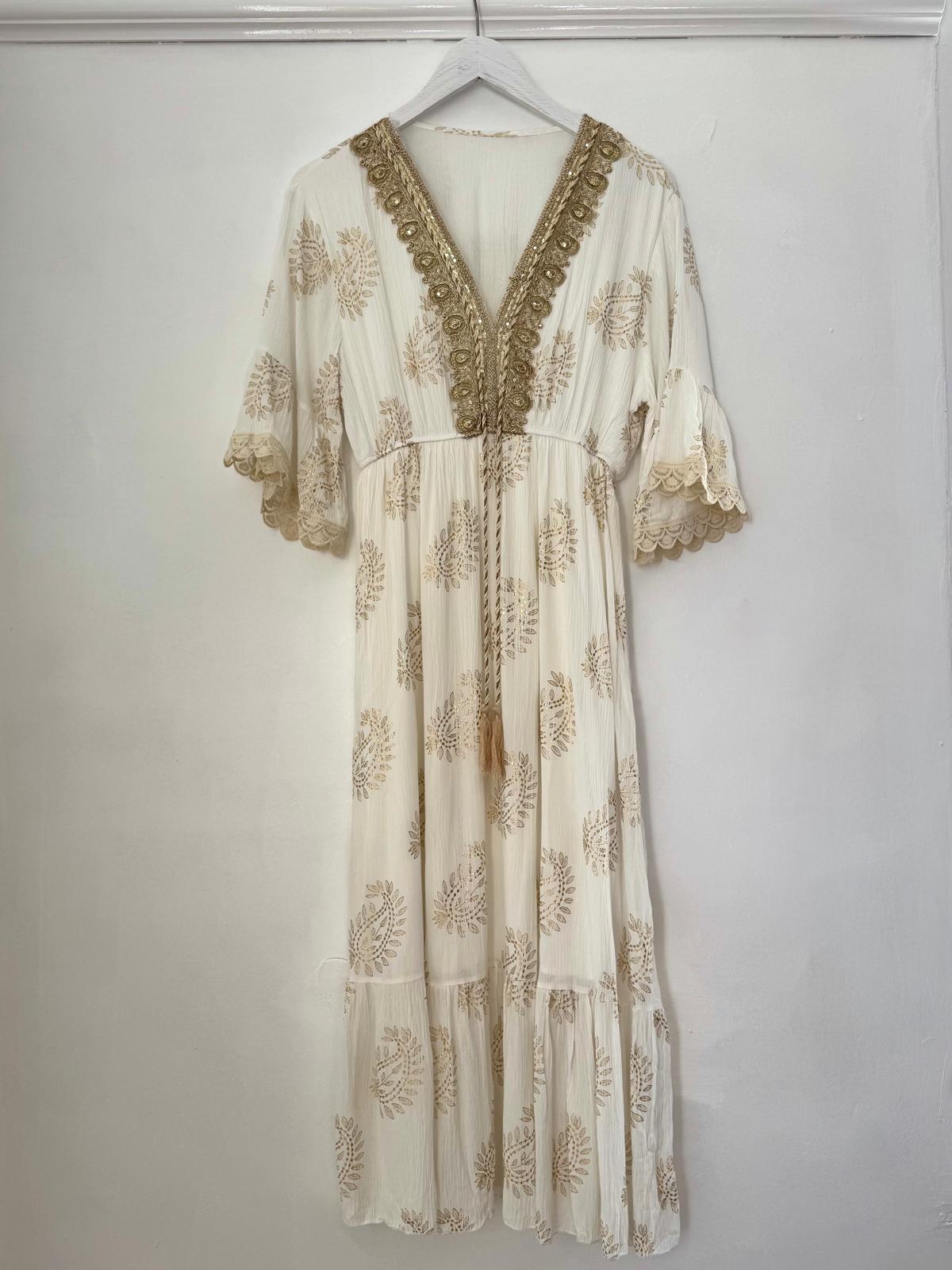 Stella White Crinkle Cotton Dress With Gold Boho Trim