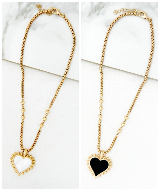 Envy Jewellery Gold Toned Short Necklace With Black Or White Heart Pendant