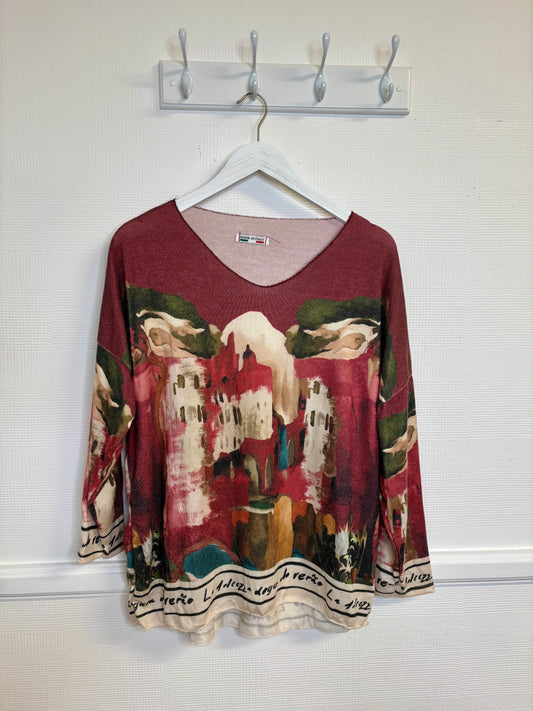 Rachel Landscape Print Fine Knit V Neck Top - Charcoal Or Burgundy