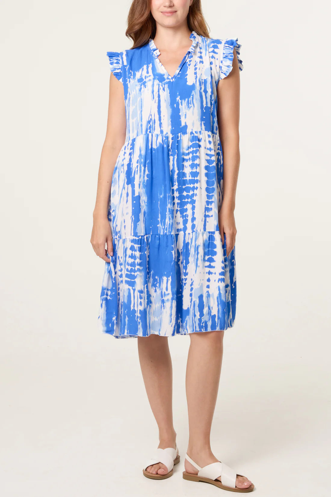 Katya Tie Dye Print Frill Sleeve Midi Dress