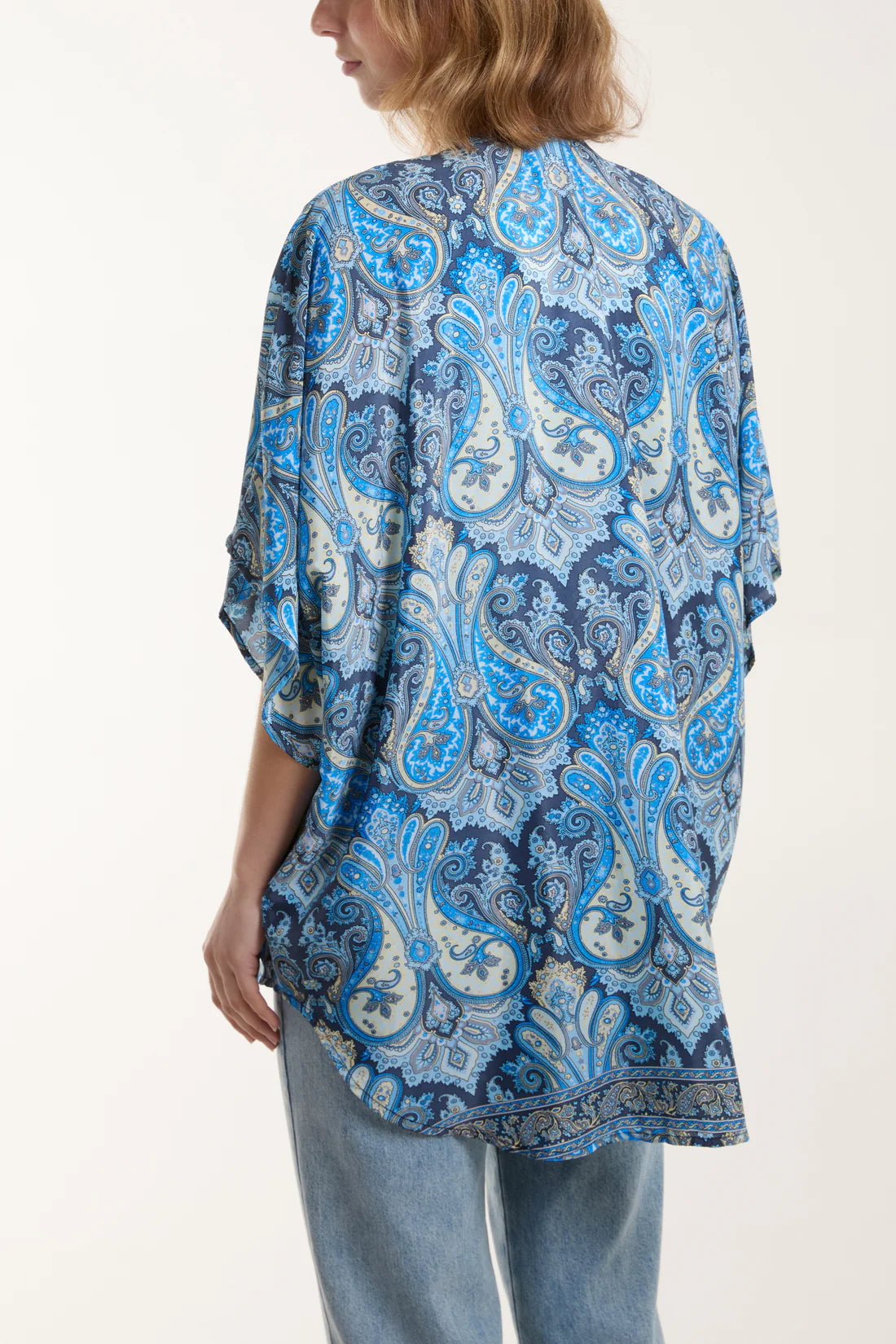 Hannah Faux Silk Mirror Trim Boho Kimono - Blue Paisley
