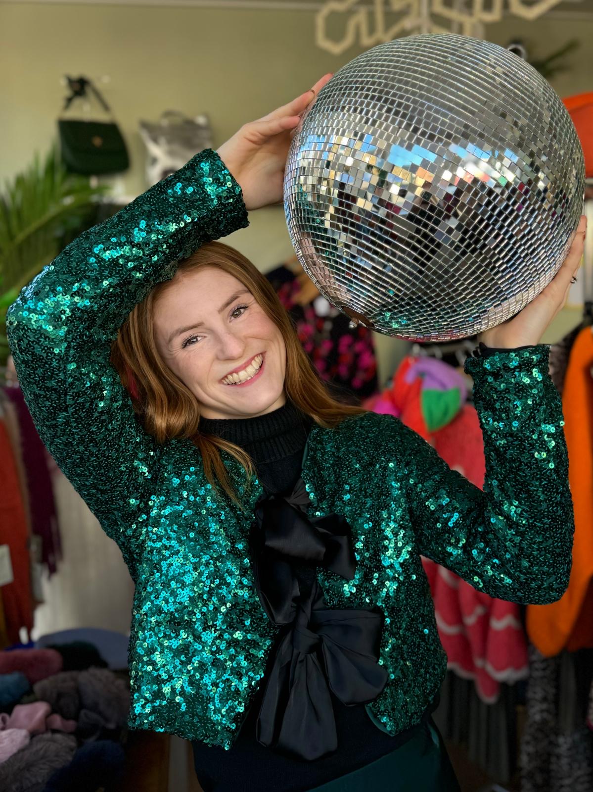 Ellie Green Sequin Short Jacket With Large Black Bow Ties