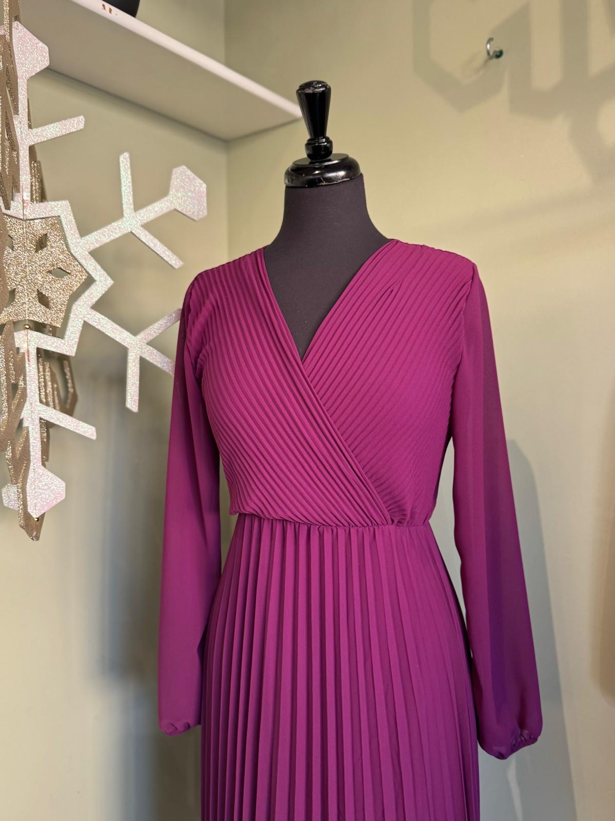 Long Sleeve Pleated Faux Wrap Chiffon Midaxi Dress purple