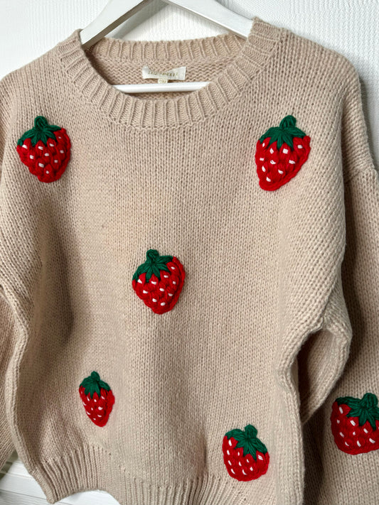 Sweetie Chunky Strawberry Appliqué Round Neck Jumper - Beige