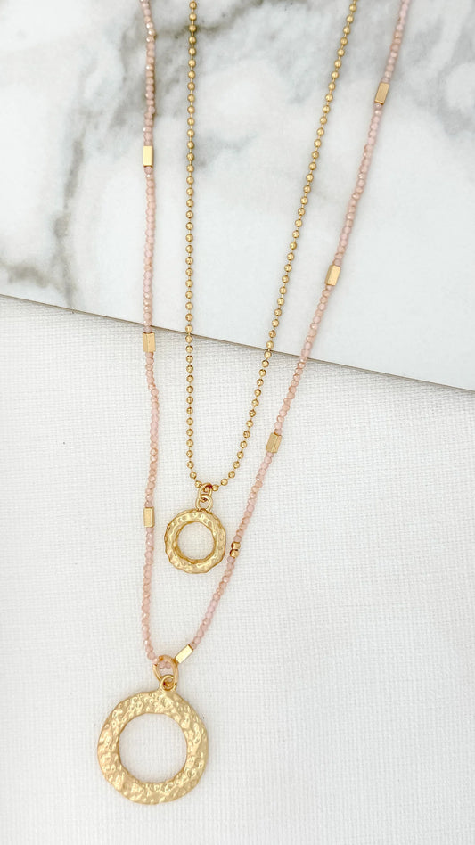 Envy Jewellery 2 Layer Long Necklace With Blush Beads & Gold Circular Pendants