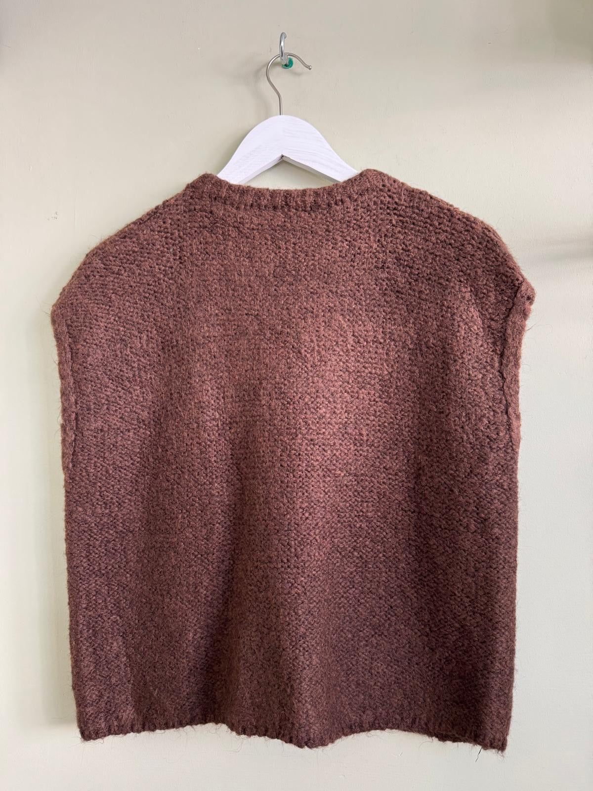 Teresa Pointelle Lace Knit Wool Blend Waistcoat Sweater Vest With Feature Sun Brooch Fastening - Sage Green, Rose Pink Or Chocolate Brown