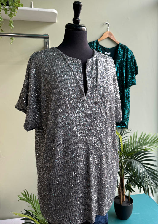 Jayne Notch Neck Sequin Tunic Top - Green, Black Or Silver