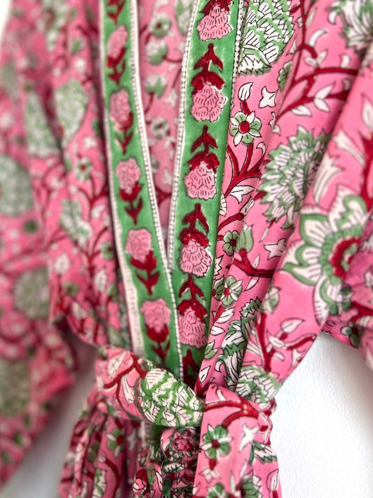 Rosa Hand Block Printed Indian Cotton Dressing Gown Robe - Pink Floral