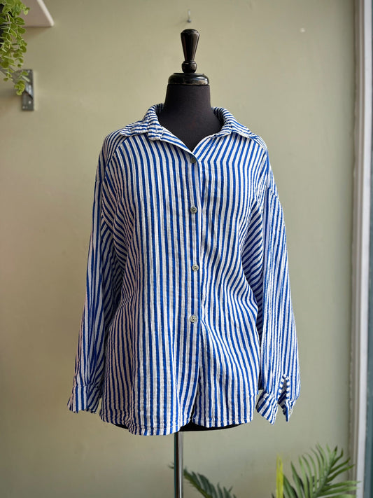 Faith Slouchy Striped Shirt - Textured Cotton Cheesecloth- Blue & White Or Orange & White