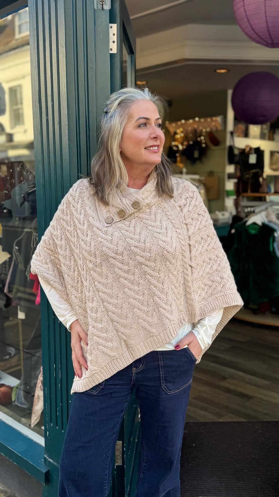 Tina Cable Knit Button Detail Poncho