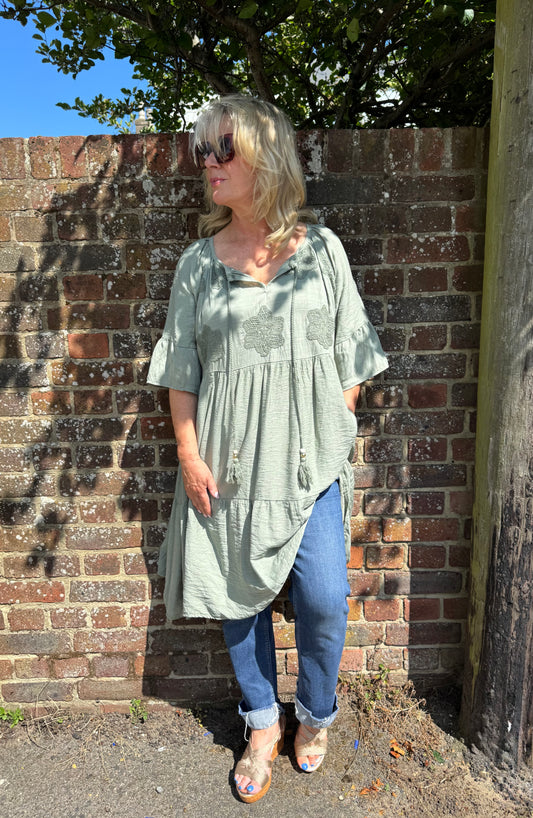 Sylvie Embroidered Smock Tunic Dress With Tassel Ties - Khaki Or Black