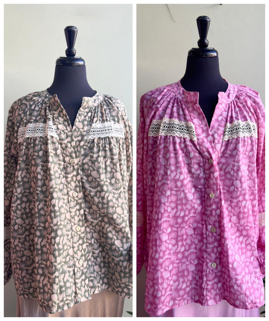 Miranda Ditsy Brush Stroke Print Blouse With Lace Trim - Khaki Or Pink Cotton