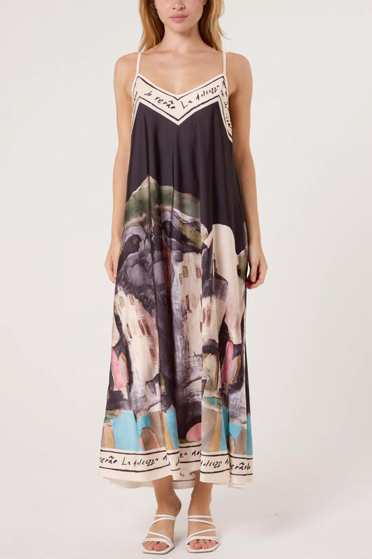 Adele Satin Slip Dress - French Landscape Print
