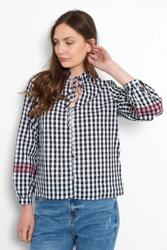 Bonnie Black & White Gingham Embroidered Prairie Shirt