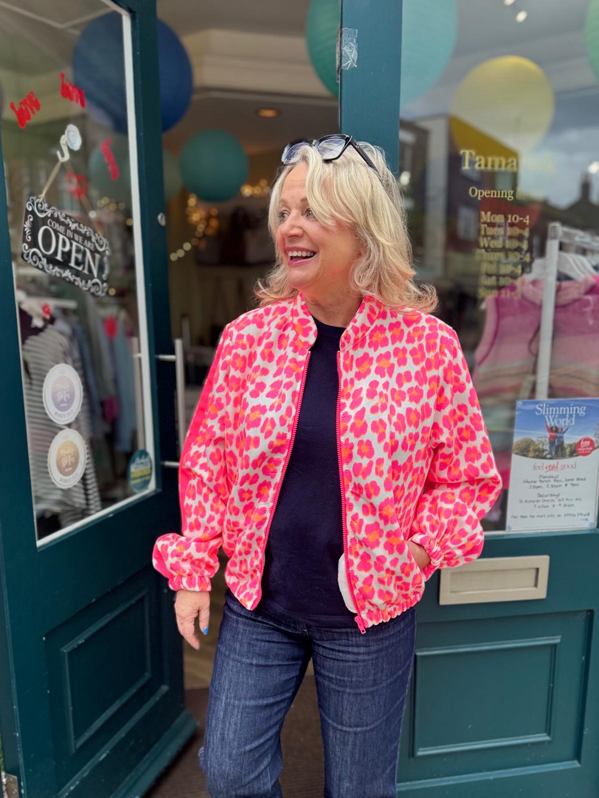 Chantelle Bright Pink & Orange Leopard Print Bomber Jacket