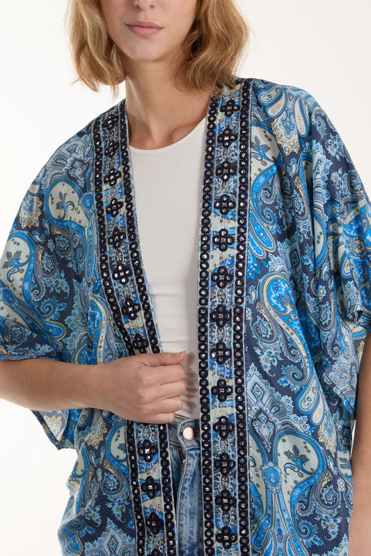 Hannah Faux Silk Mirror Trim Boho Kimono - Blue Paisley