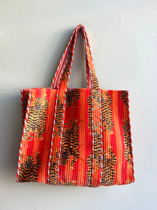Velvet Kantha Quilted Tote Bag - Orange Tiger Print