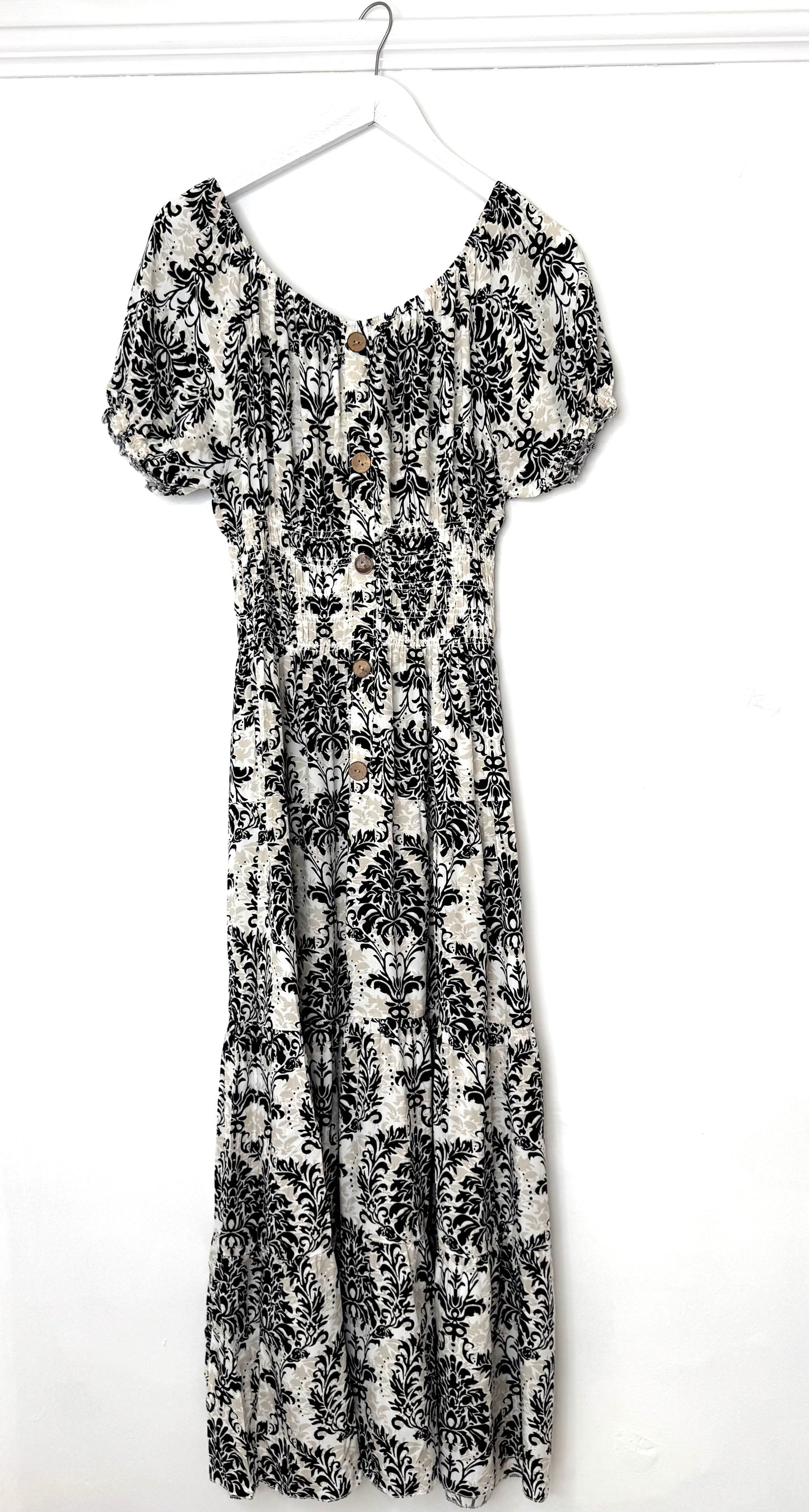 Lynsey Bardot Neck Shirred Maxi Dress With Tiered Skirt